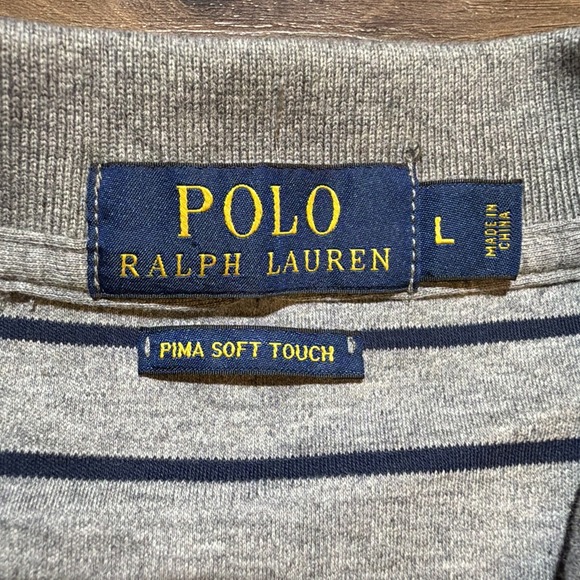 Polo Ralph Lauren Shirt Mens LARGE Gray Navy Striped Pima Soft Touch Flesh Pony - Picture 5 of 9